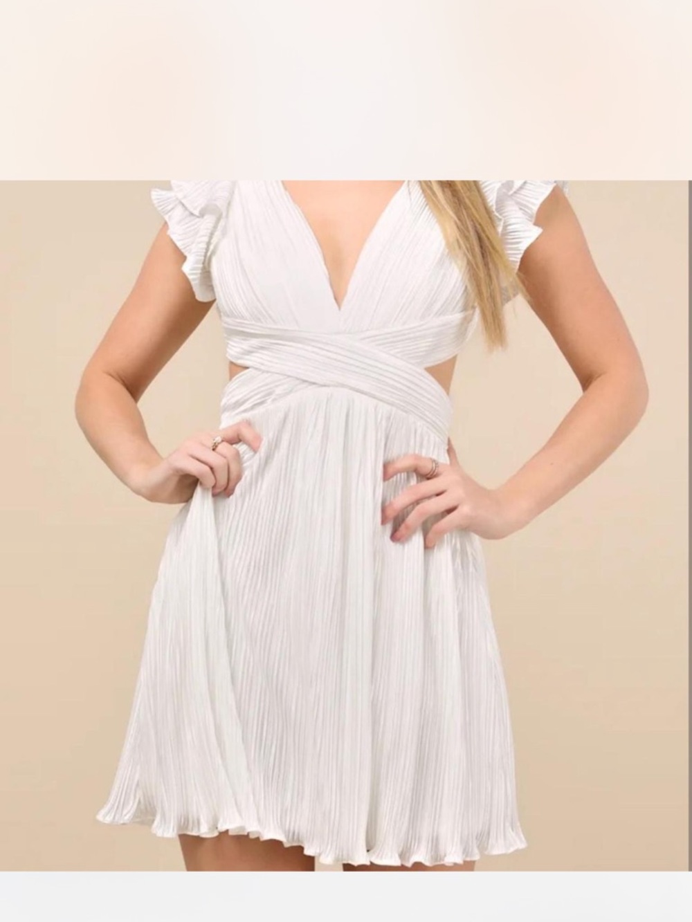 Lulu's White Pleated V-Neck Cutout Mini Dress